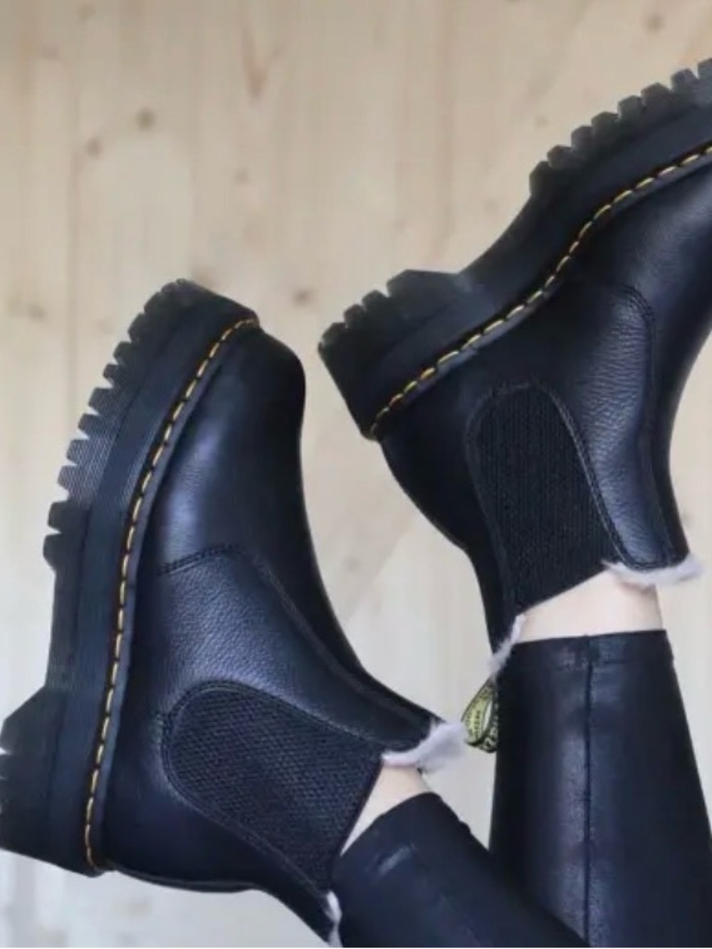 Dr. Martens Black Leather Chelsea Ankle Boots with Shearling Trim